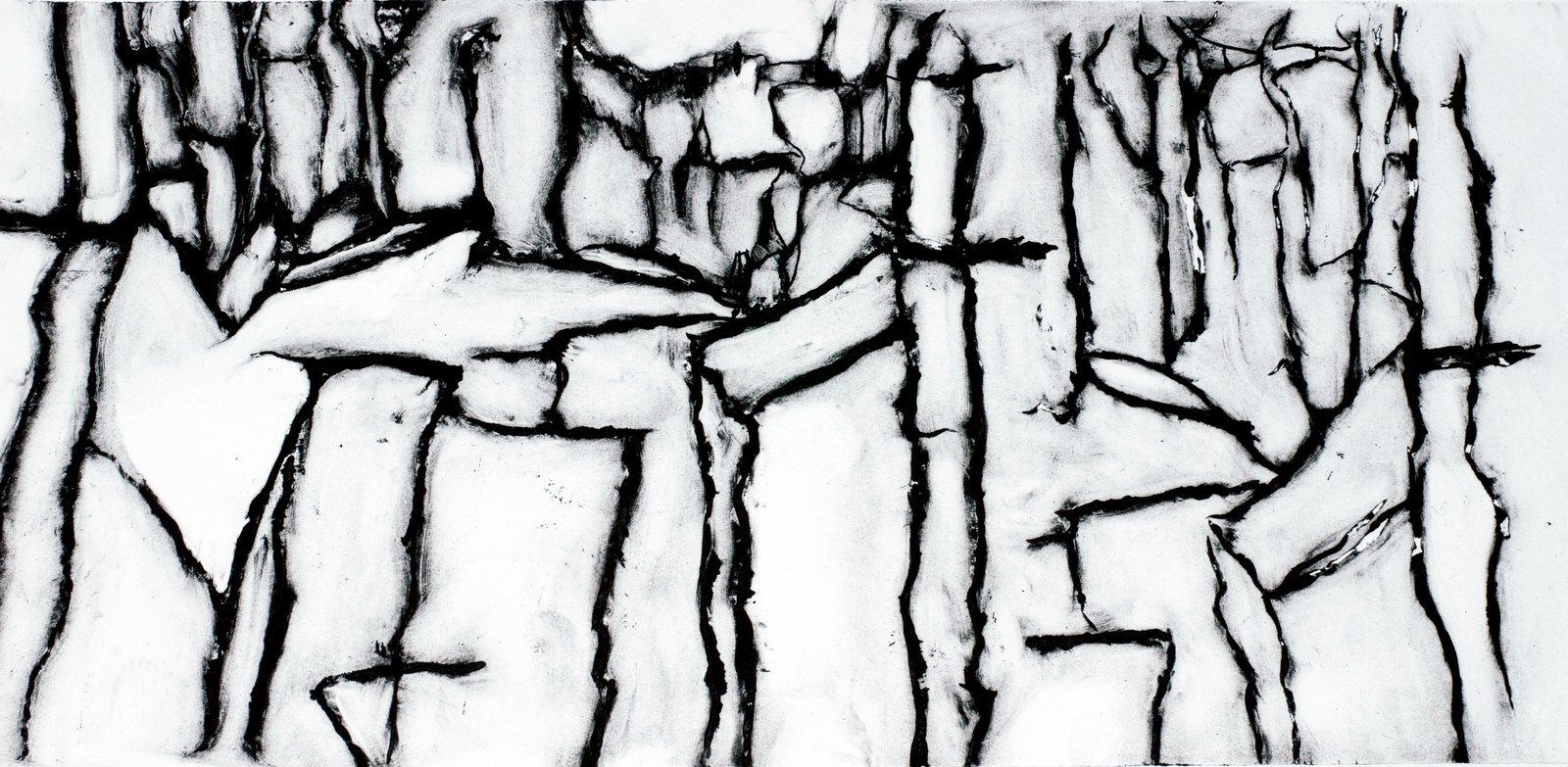 Estampe en largeur, à l'encre noire sur papier blanc&nbsp;: un enchevêtrement de toits et de façades vu de haut. Les arêtes deviennent des traits nerveux et épais, les pans de mur des aplats clairs&nbsp;; la ville bascule vers une masse presque abstraite de noirs et de blancs.