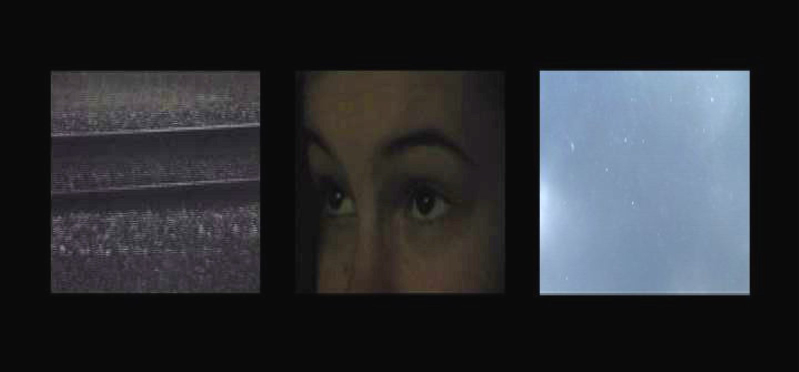 Le triptyque tel qu'il est diffusé&nbsp;: trois images au format 4/3, écartées les unes des autres sur un fond noir qui occupe tout le cadre. À gauche, deux rails d'une voie ferrée filmés en mouvement, striés de bandes horizontales par l'obturateur, réduits à des traits parallèles. Au centre, en gros plan, les yeux d'une femme qui regarde la télévision, le visage baigné d'une lumière ambrée. À droite, un ciel blanc et laiteux, presque uniforme, semé de points clairs — des nuages vus à travers une vitre sale.