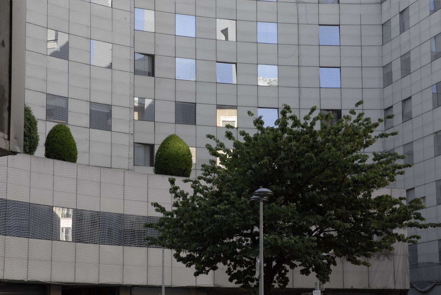 Une façade d'immeuble incurvée, entièrement tendue de filets à mailles fines&nbsp;: derrière la trame, les fenêtres se devinent, certaines allumées ou reflétant le ciel. Un bandeau bas, également couvert de filet, court en contrebas. Devant la façade, un arbre en pleine feuille occupe la moitié droite du cadre, et deux buis taillés en boule émergent au ras du bandeau.