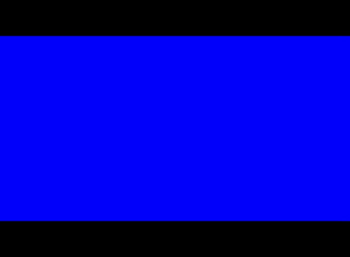 Un aplat bleu franc et uniforme occupe le centre de l'image, sans texture ni dégradé&nbsp;: le bleu qu'affiche un moniteur privé d'entrée. En haut et en bas, deux bandes noires horizontales le bordent sur toute la largeur — les bandes du format. Rien d'autre n'est visible.