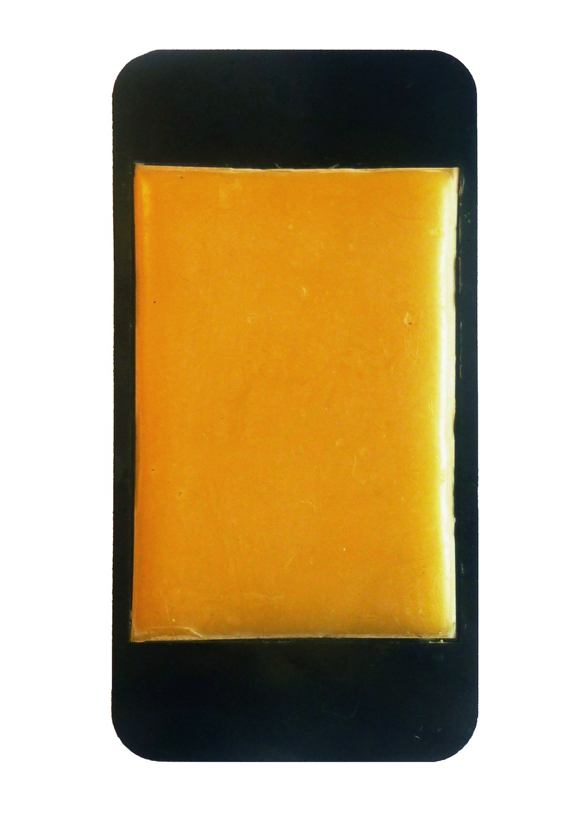 Objet au format d'un iPhone&nbsp;: une plaque de plexiglas noir aux angles arrondis, en hauteur, dont toute la surface d'écran est remplacée par un rectangle de cire d'abeille orangée, mate et légèrement bosselée.