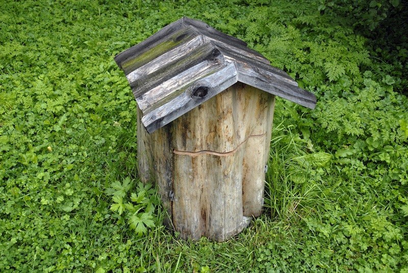 Rondin creusé, ceinturé d'un fil de fer, coiffé d'un toit de planches à deux pentes percé d'un trou d'envol&nbsp;: un abri à oiseaux posé dans une herbe grasse.