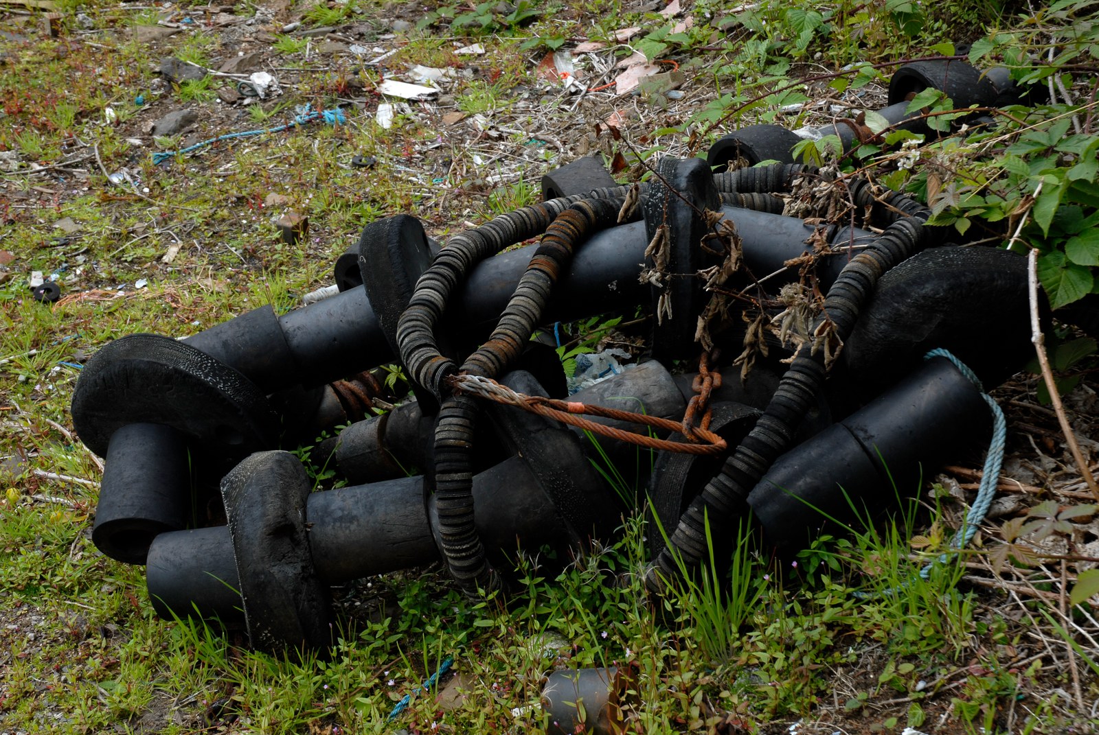 Amas de tuyaux et de manchons de caoutchouc noir, cerclés d'anneaux et liés par un cordage orange et bleu, échoué dans les herbes d'un terrain vague.