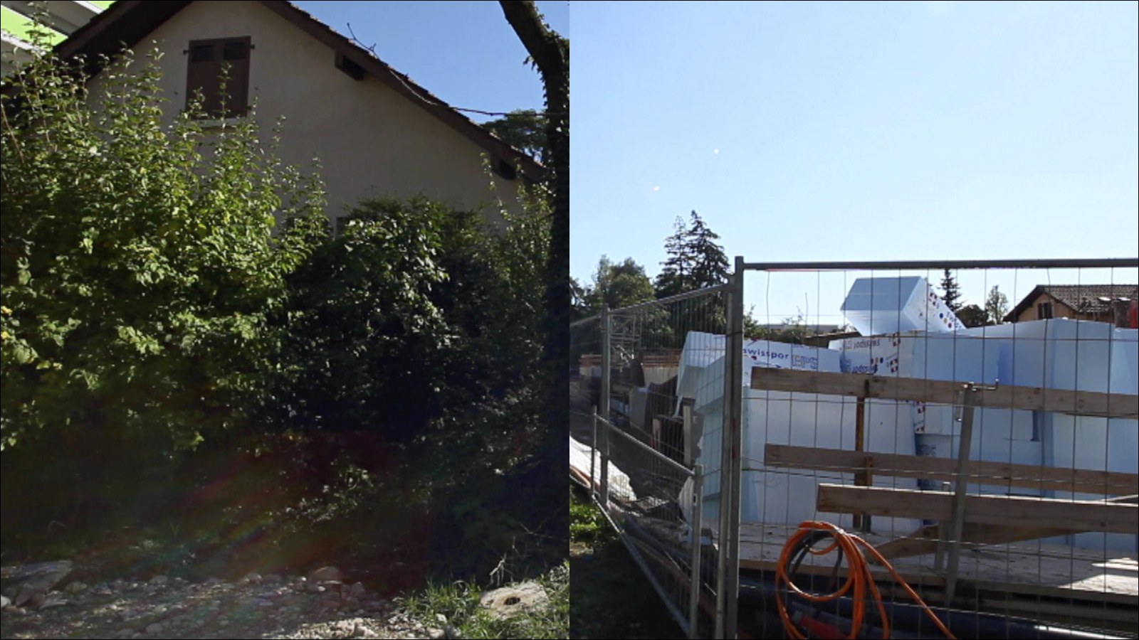 Photogramme du panoramique&nbsp;: l'image est partagée en deux moitiés nettement décalées. À gauche, une maison ancienne au toit de tuiles, à demi mangée par des arbustes ; à droite, un chantier ceint de barrières grillagées, où s'empilent des panneaux d'isolant bleus et des madriers, sous un ciel sans nuage.