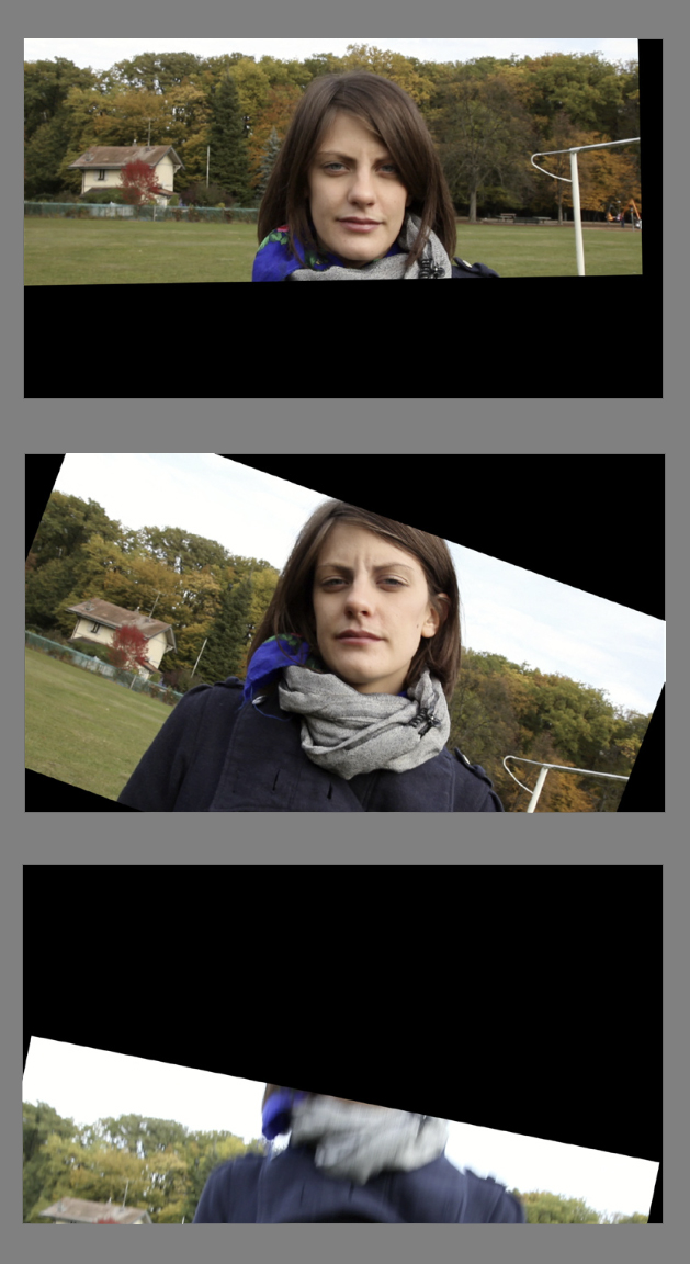 Les trois états du portrait, superposés sur fond gris : le visage cadré de face, puis le cadre basculé de biais, puis l'image glissée si près que le visage sort du champ.