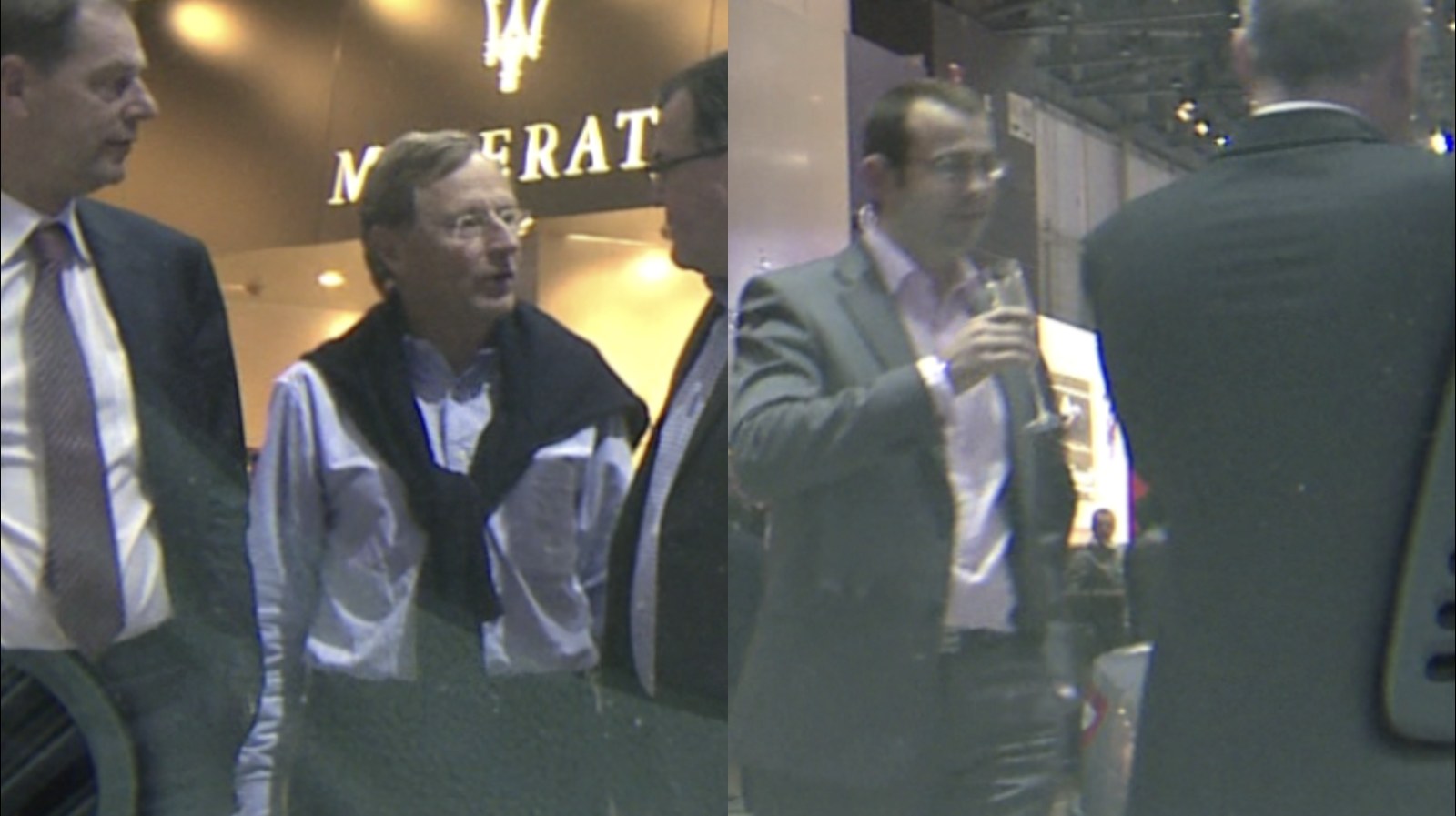 Troisième photogramme&nbsp;: à gauche, trois hommes en costume conversent sous l'enseigne lumineuse Maserati ; à droite, un homme en veste claire tient une coupe de champagne à hauteur du visage, face à un dos en costume sombre.