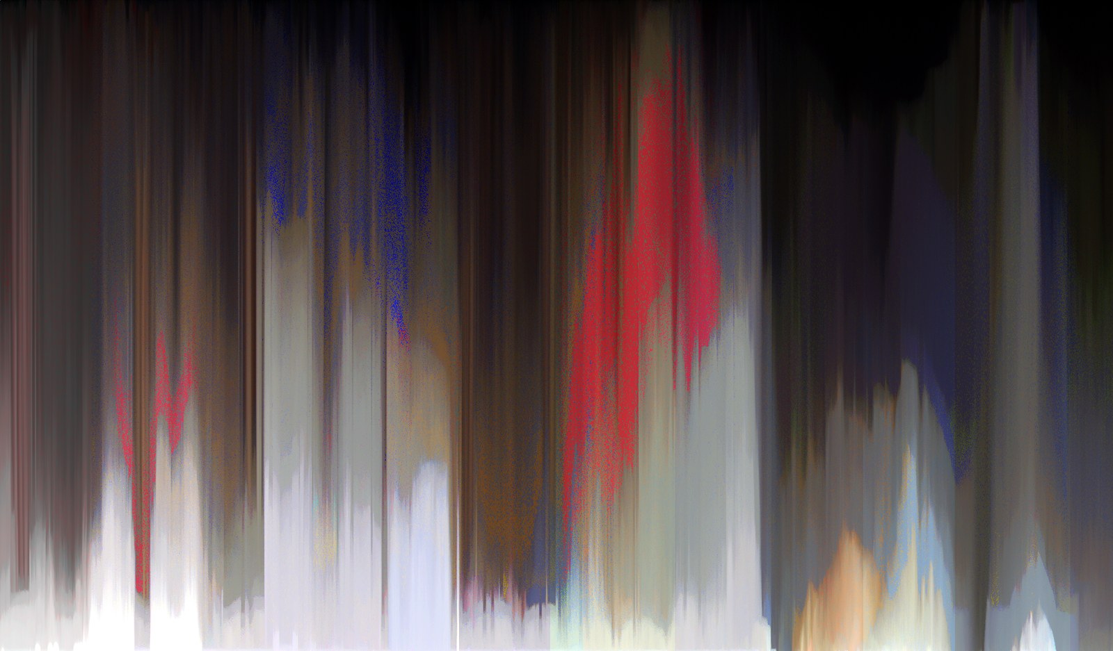 Volet droit du diptyque, la même photographie après reclassement de ses pixels&nbsp;: une trame de bandes verticales serrées, du noir et des bruns à gauche, des gris et des blancs au centre bas, deux traînées rouge vif et des piqués bleus au milieu, des mauves et des ocres à droite. Aucune figure n'y est plus reconnaissable&nbsp;; l'image tient tout entière dans un dégradé de colonnes de couleur.