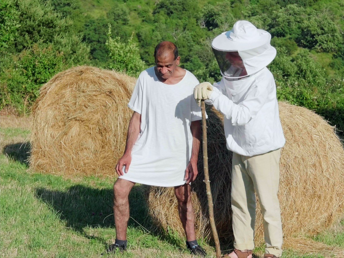 Photogramme : dans un pré aux bottes de paille rondes, un homme en tunique blanche s'appuie sur un bâton ; à côté de lui, une silhouette en combinaison d'apiculteur, voile baissé.