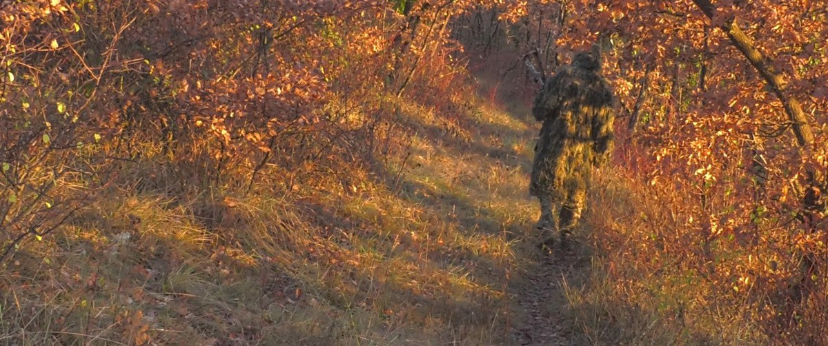 Photogramme : dans la lumière orange du soir, l'homme en tenue de camouflage s'éloigne de dos sur un layon herbeux, entre des chênes aux feuilles rousses.